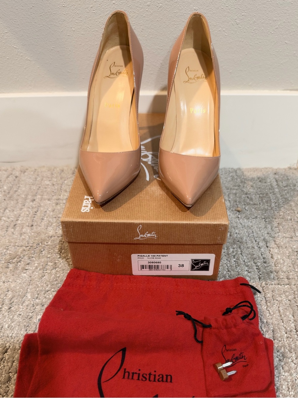 Louboutin Pigalle 100 Nude Patent Pumps, size 38